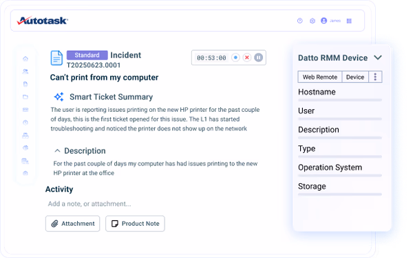 Autotask service ticket and incident management interface