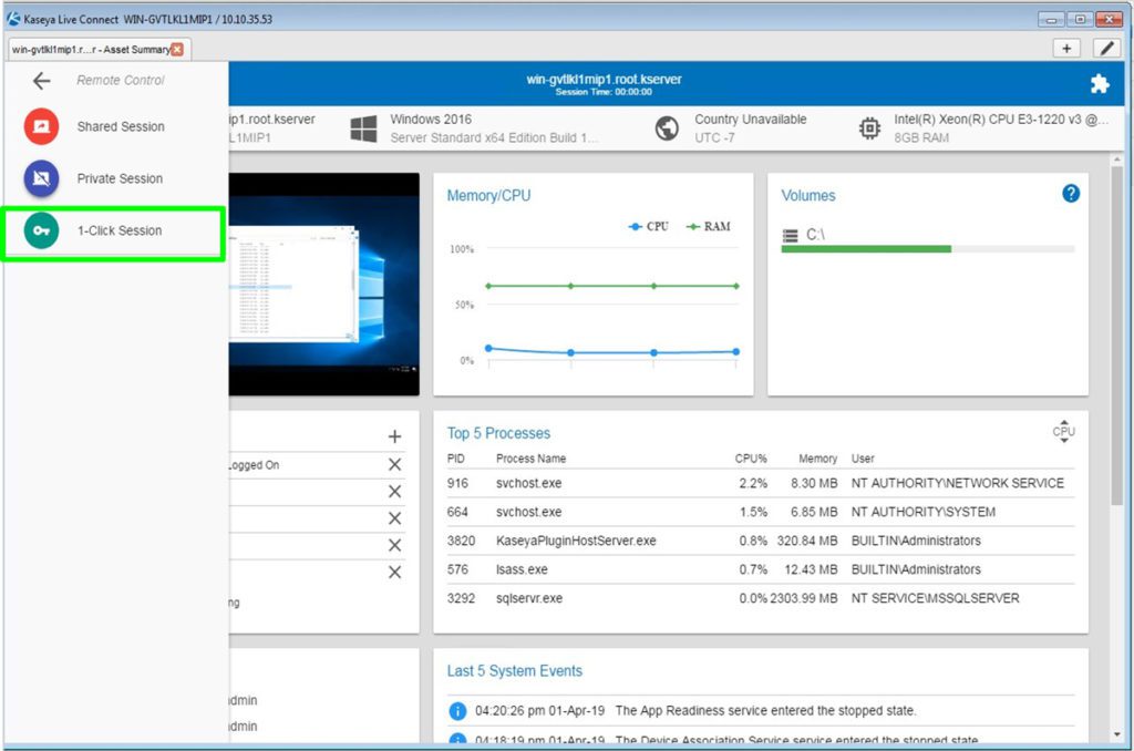 Kaseya Live Connect 1-Click Session Dashboard