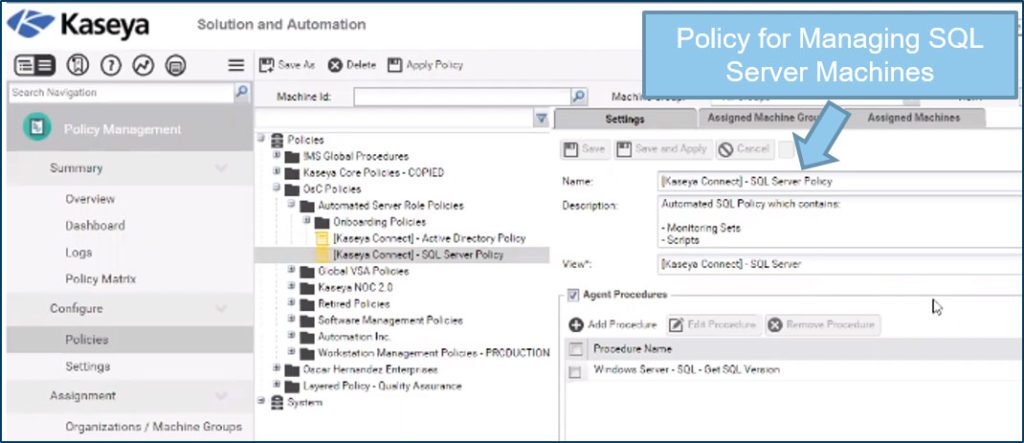 VSA Policy Screen - SQL Server Machines