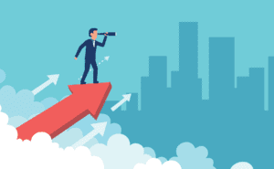 Art of business man riding a rising arrow with a telescope in hand