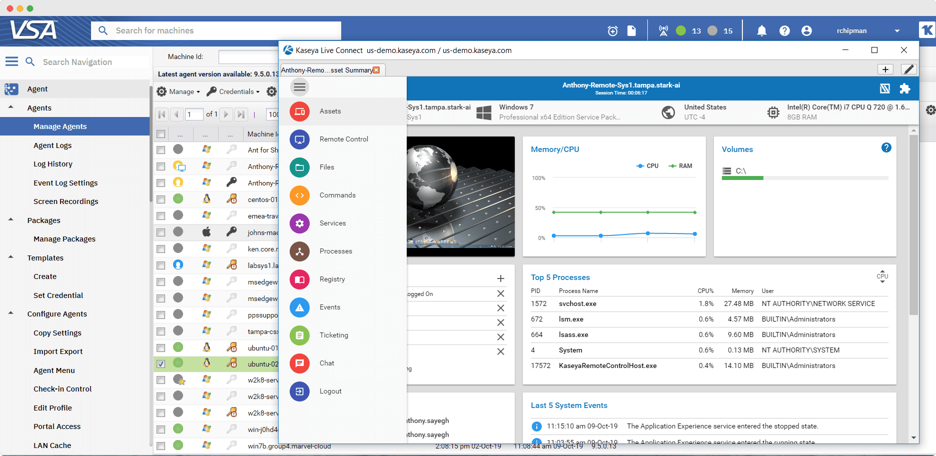 Remote control session to manage agents remotely and quickly resolve incidents issues using Kaseya VSA 