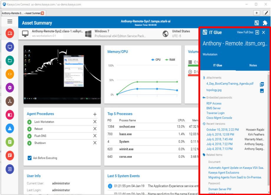 IT Glue documentation inside the VSA Live Connect remote management function