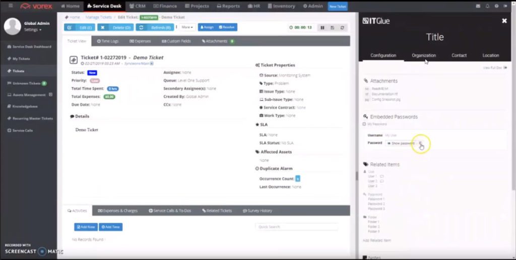 IT Glue documentation available right inside the Vorex service ticket