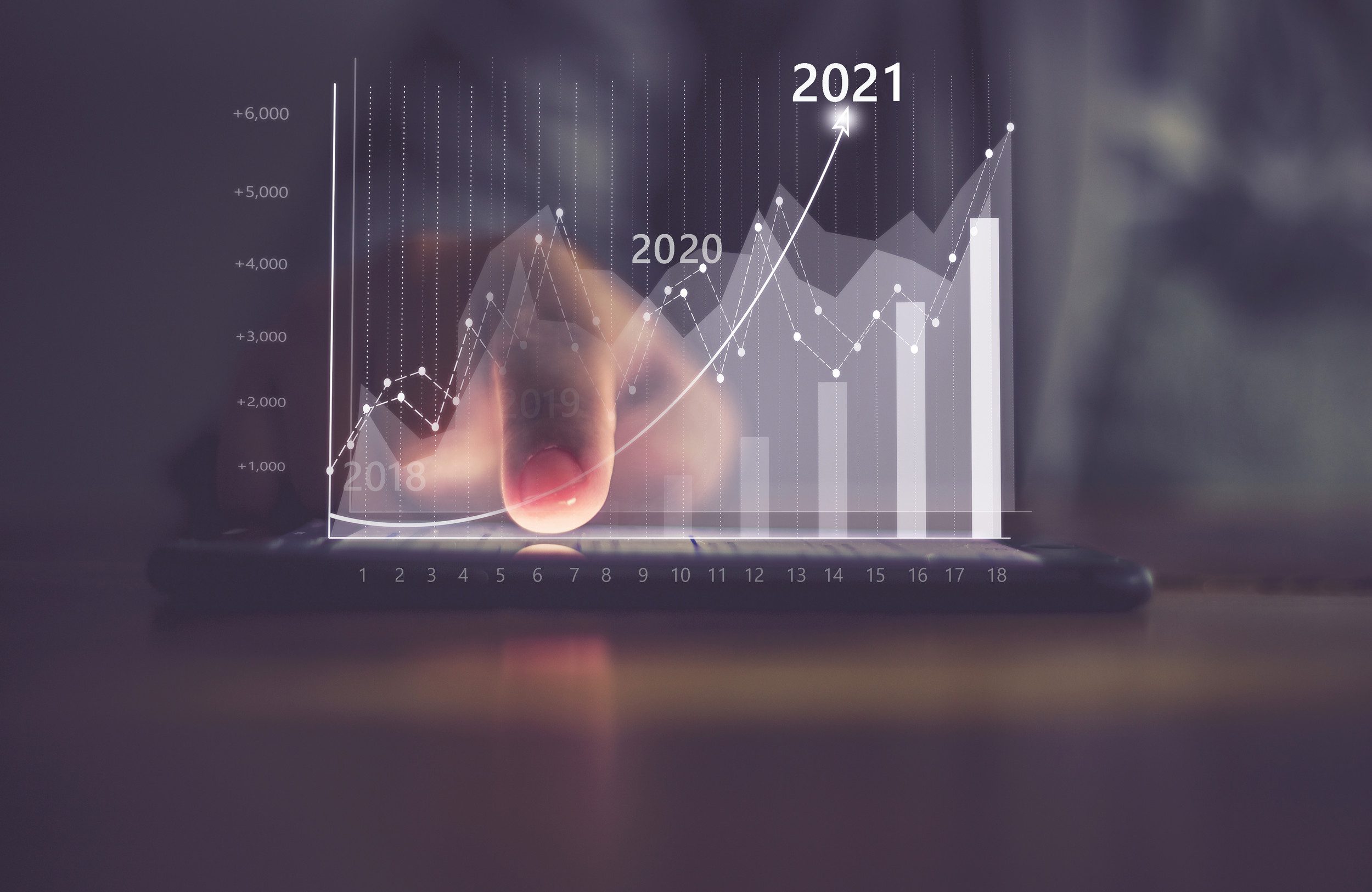 Augmented reality (AR) financial charts showing growing revenue In 2021