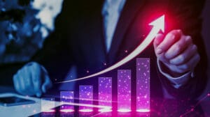 A rising arrow illustrates a successful business as it follows a powerful growth strategy achieving goals through strategic planning development and consistent execution for sustainable expansion