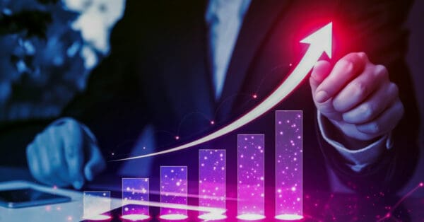 A rising arrow illustrates a successful business as it follows a powerful growth strategy achieving goals through strategic planning development and consistent execution for sustainable expansion