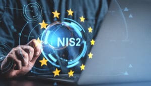 NIS2 cybersecurity regulation concept with digital hologram